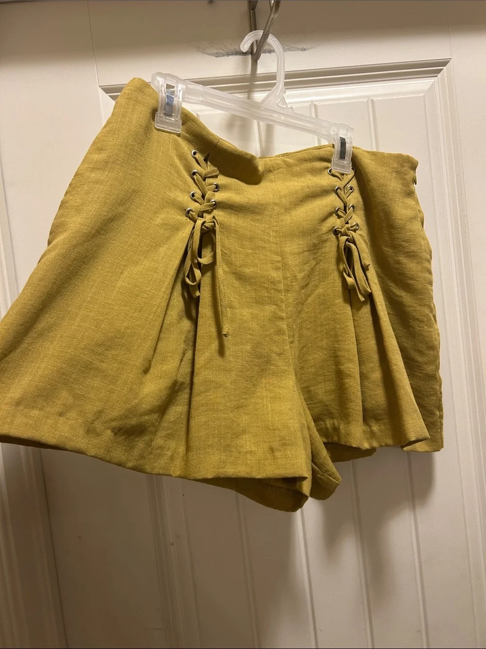 J.O.A. High-Waist Lace-Up Flared M Shorts in Mustard Yellow